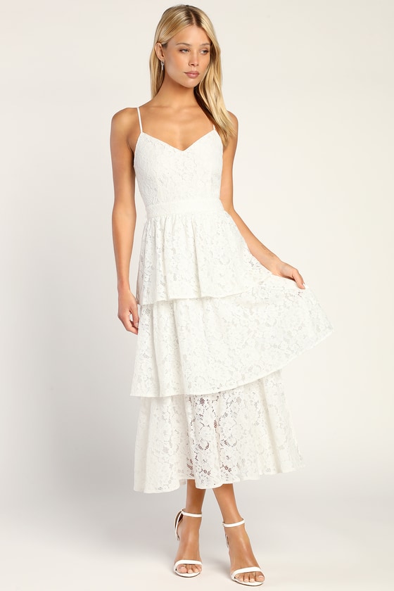 White Tiered Dress - Lace Midi Dress - Tiered Lace Midi Dress - Lulus