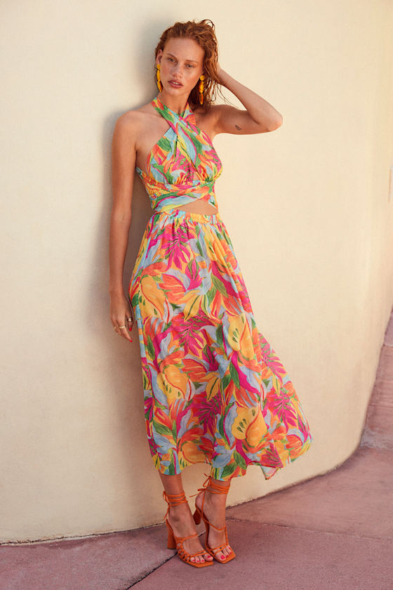 Tropical Breezes Multi Tropical Backless Halter Maxi Dress 6