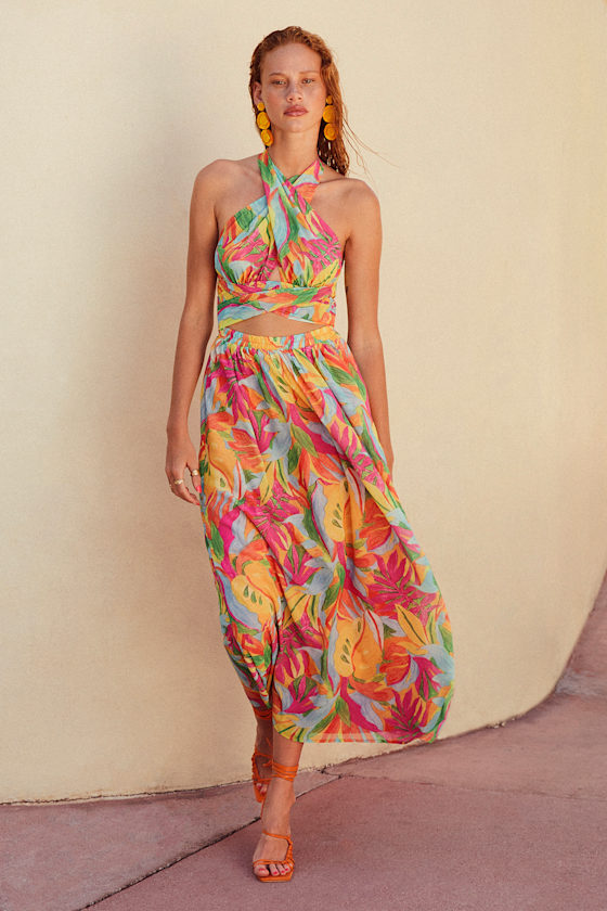 Tropical Breezes Multi Tropical Backless Halter Maxi Dress 7