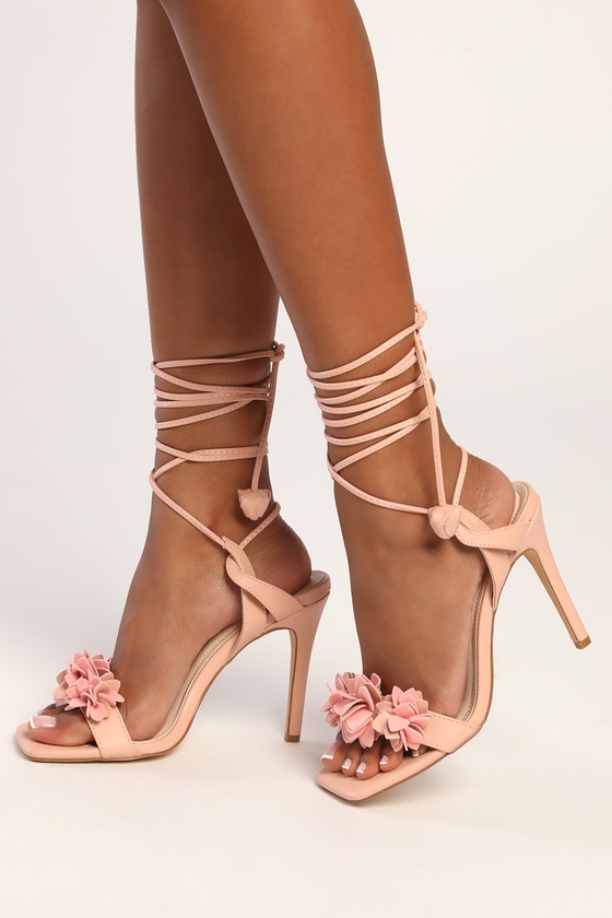 Lucy Lu Blush Pink Flower Lace Up High Heel Sandals