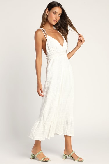 Blissful Breezes White Smocked Tie-Strap Midi Dress