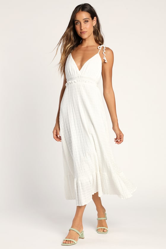 White Midi Dress Smocked Midi Dress TieStrap Dress Lulus