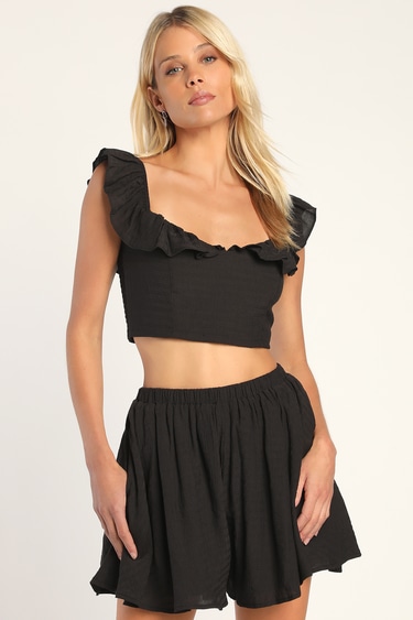 Spring to It Black Off-the-Shoulder Two-Piece Romper