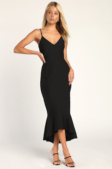 Black Trumpet Dress Midi Dress Sleeveless Dress Lulus