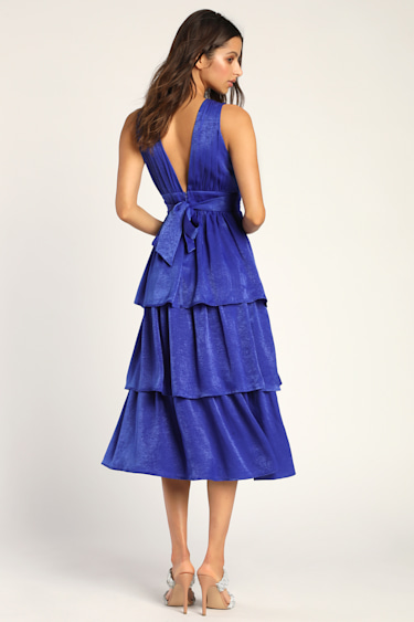 Cobalt Blue Dress - Satin Midi Dress - Tie-Back Tiered Dress - Lulus Cobalt Blue Dress - Satin Midi Dress - Tie-Back Tiered Dress - Lulus