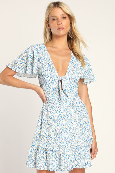 Sunny Wishes White Floral Print Tie-Front Mini Dress