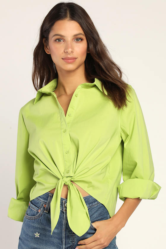 Sunny Ties Lime Green Tie-Front Long Sleeve Button-Up Top 2