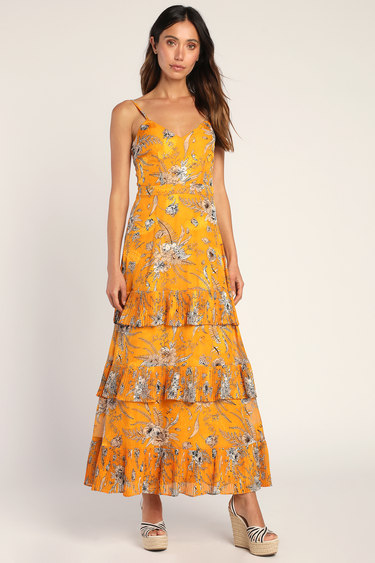 Beaming Babe Golden Yellow Floral Jacquard Tiered Maxi Dress