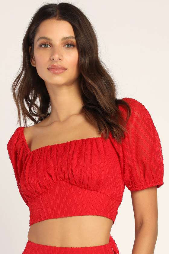 Red Crop Top Tie Back Top Puff Sleeve Top Lulus