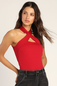 Essential Energy Red Ribbed Sleeveless Cross-Front Top