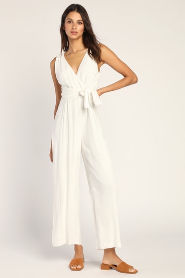 Expressive Elegance White Tie-Back Wide-Leg Jumpsuit