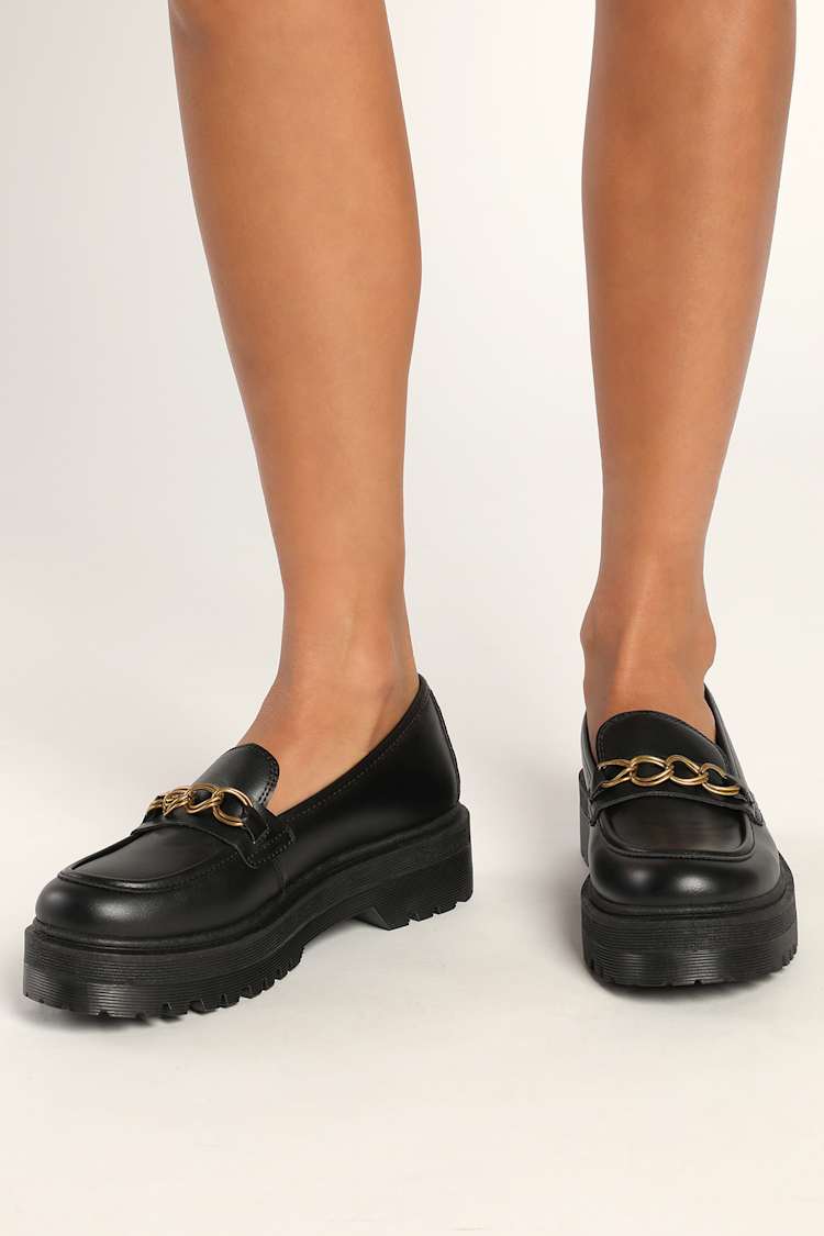 Black Leather Loafers - Embellished Loafers - Lug Sole Loafers - Lulus