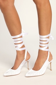 Robbinn White Satin Pointed-Toe Lace-Up Pumps