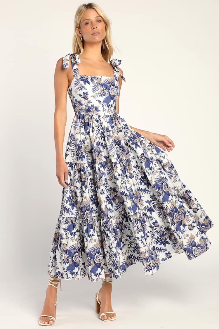 White Floral Dress - Tie-Strap Maxi Dress - Tiered Maxi Dress - Lulus