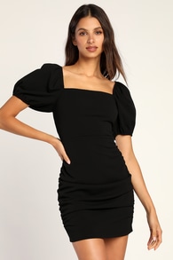 In a Puff Black Ruched Puff Sleeve Bodycon Mini Dress