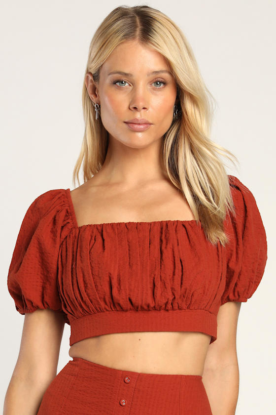 Seeking Romance Rust Brown Puff Sleeve Crop Top 1