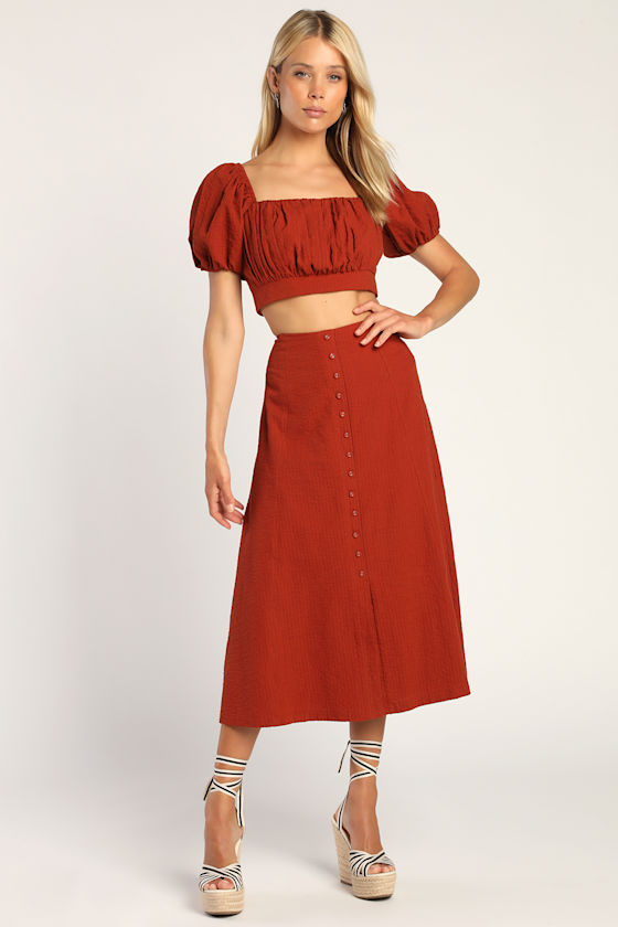 Seeking Romance Rust Brown Puff Sleeve Crop Top 2