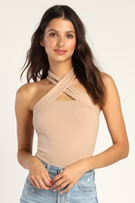 Essential Energy Tan Ribbed Sleeveless Cutout Cross-Front Top