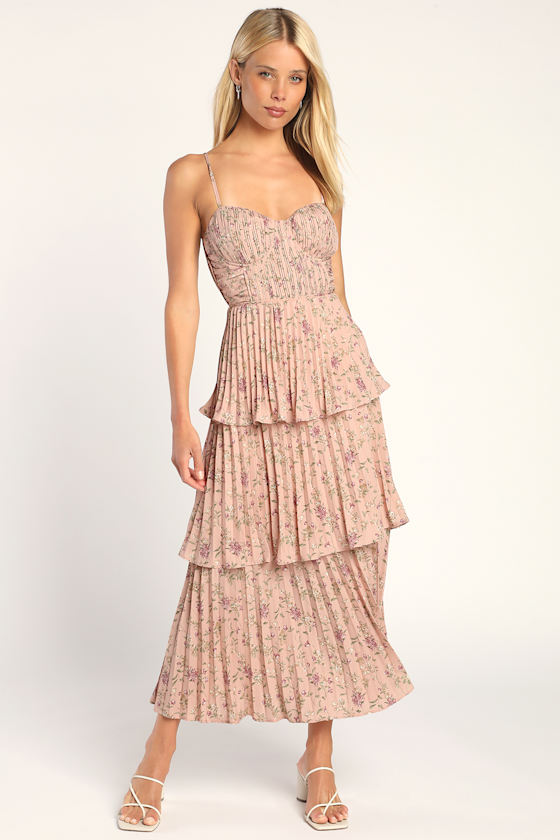 Cascading Crush Pink Floral Print Tiered Bustier Midi Dress 3