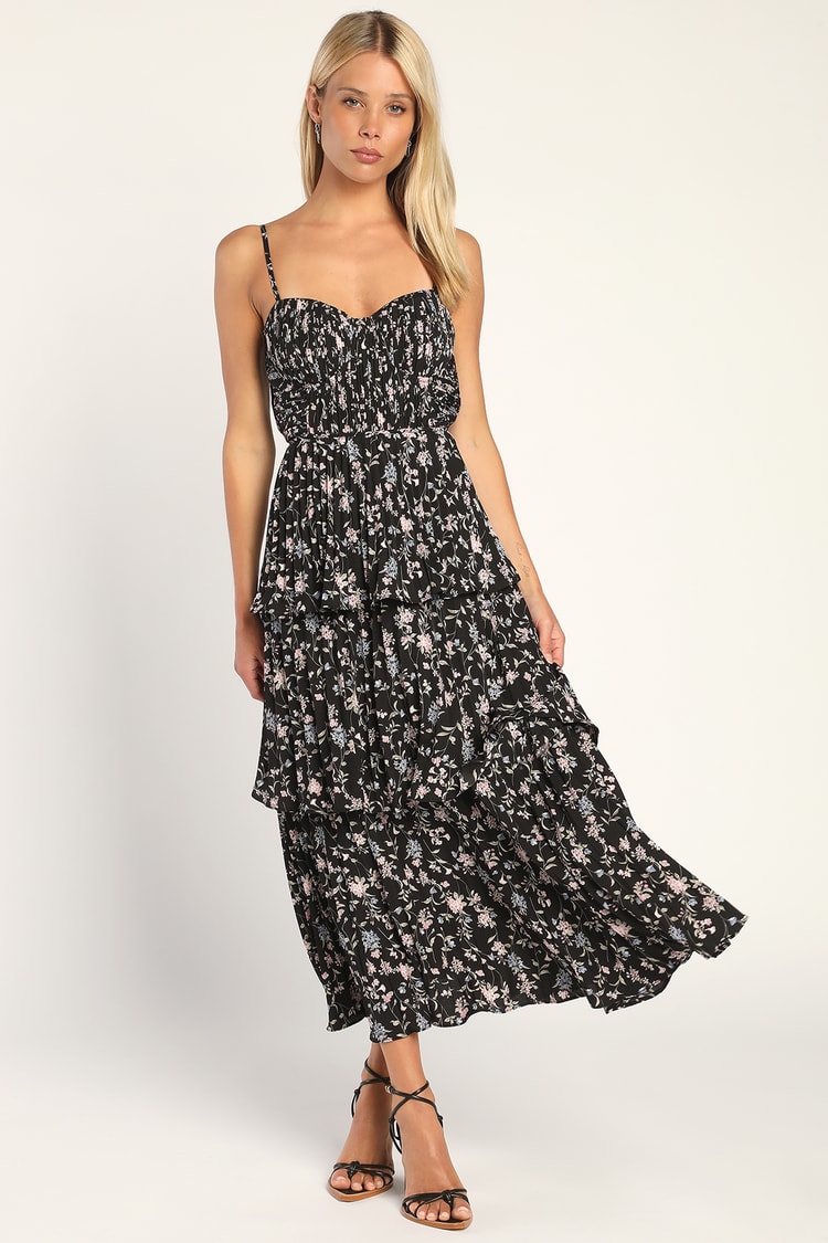 Cascading Crush Black Floral Print Tiered Bustier Midi Dress