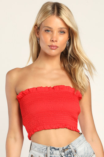 Extra Love Red Satin Smocked Tube Top