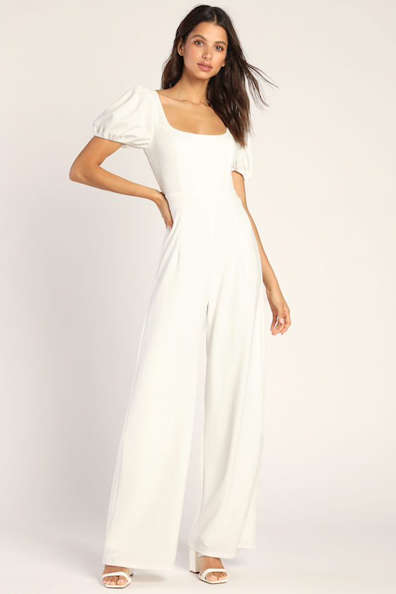 With a Puff White Puff Sleeve Lace-Up Wide-Leg Jumpsuit 4