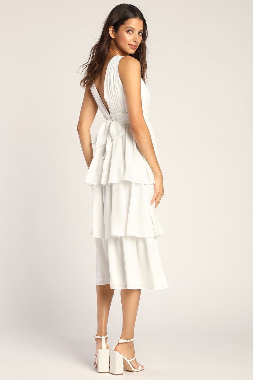White Midi Dress Satin Midi Dress Tie-Back Tiered Dress - Lulus