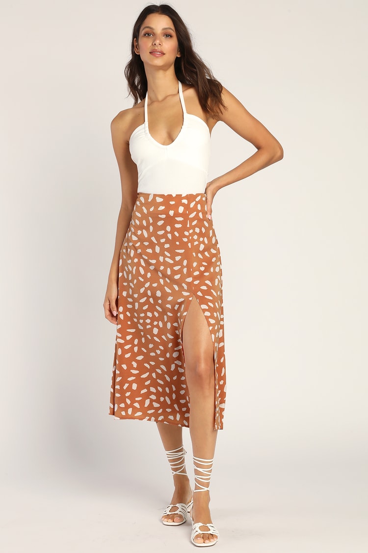 Getting Glam Peach Print Slit Midi Skirt