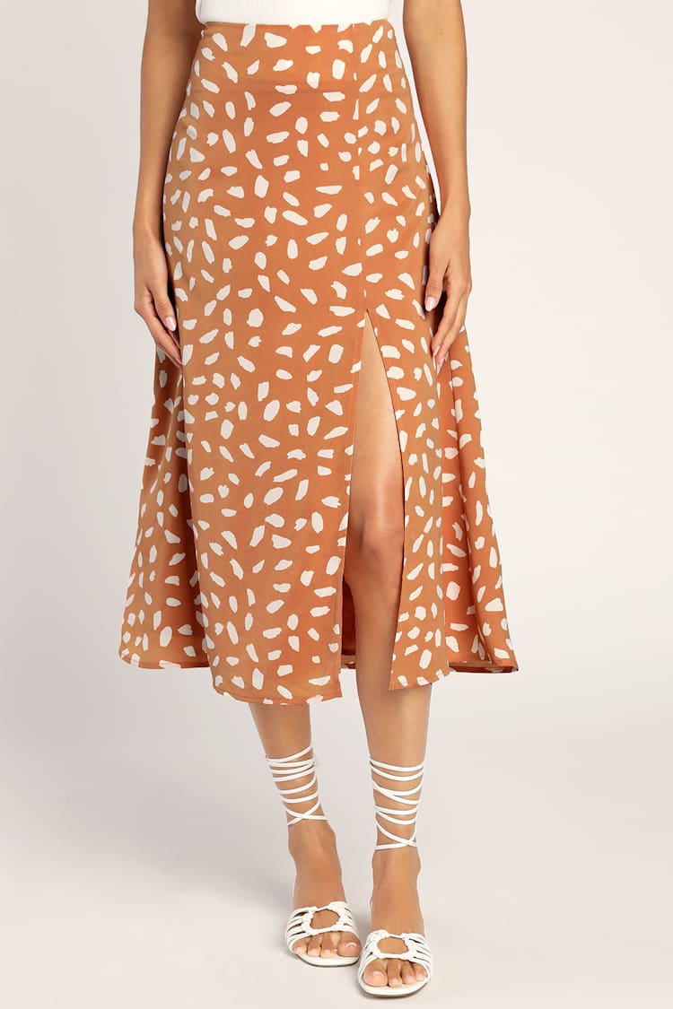 Getting Glam Peach Print Slit Midi Skirt