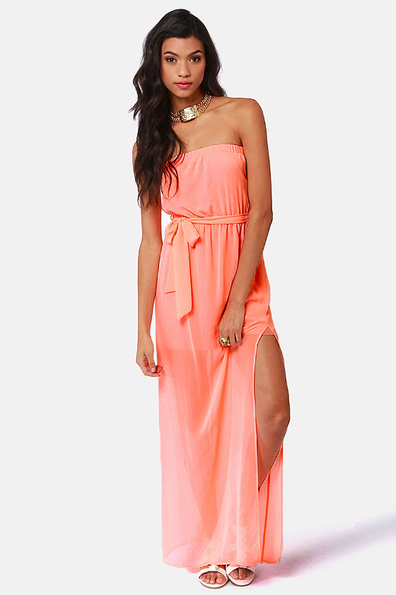 Cute Maxi Dress Neon Coral Dress Strapless Dress 41.00 Lulus