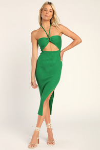 Leading the Trends Green Ribbed Knit Cutout Halter Midi Dress