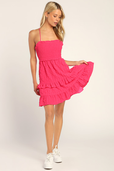 Serene Sweetie Hot Pink Smocked Cutout Tiered Mini Dress