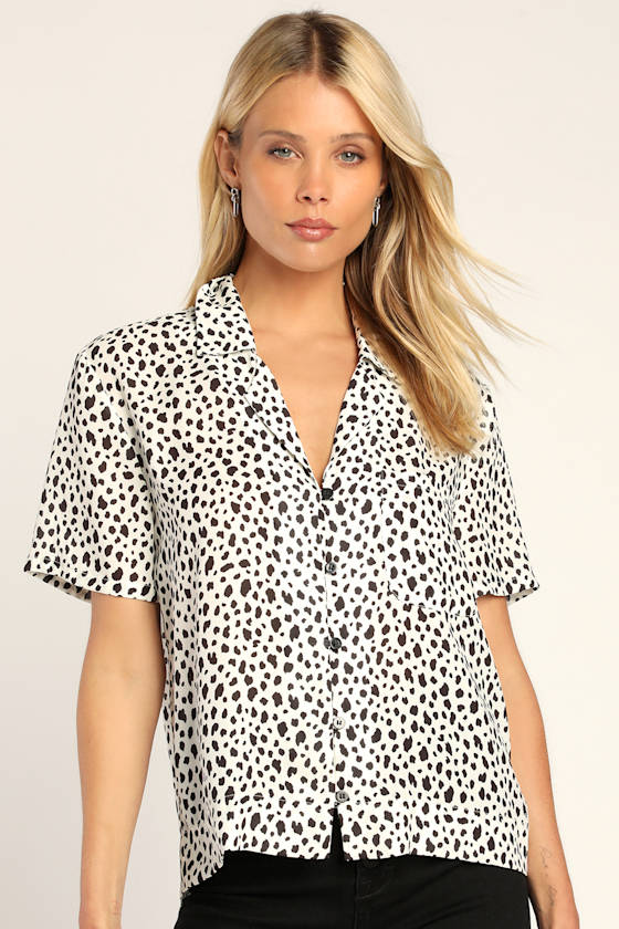 Ivory Animal Print Color Block Tie Hem Top main image 1