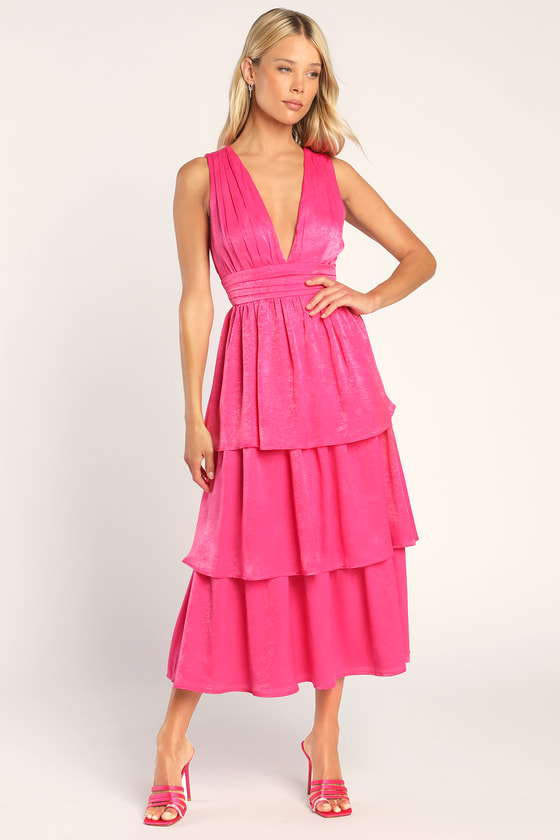 Peak Party Vibe Hot Pink Satin Tiered Tie-Back Midi Dress