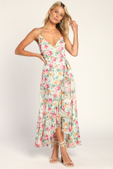 Fly Me to Florence White Floral Print Ruffled High-Low Dress