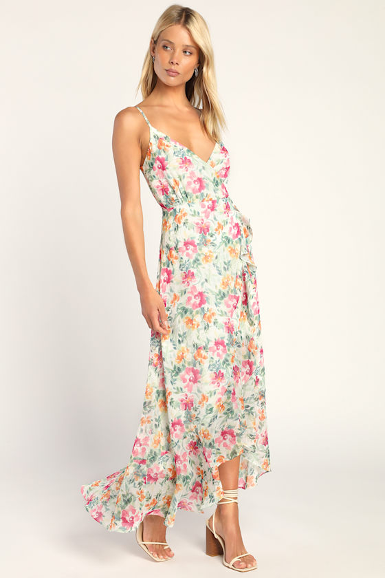 Ladies White Deep V Floral Ruffle High Cut Dress