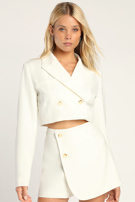 Suit 'Em Up White Double-Breasted Cropped Blazer 1