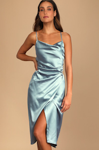 Hollywood Woman Dusty Blue Satin Midi Dress 1