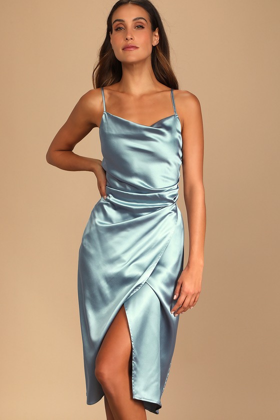 Hollywood Woman Dusty Blue Satin Midi Dress