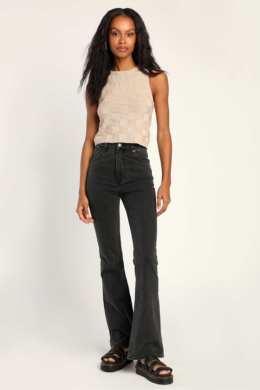 Taupe Checkered Tank Top - Sweater Knit Top - Checkered Top - Lulus 