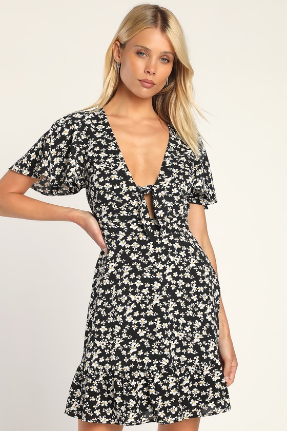 Black Floral Print Mini Dress - Flutter Sleeve Dress - Mini Dress - Lulus