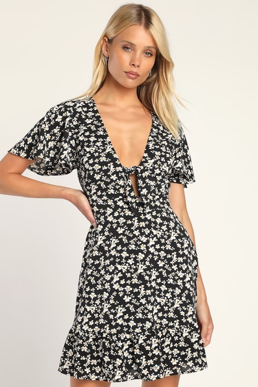 Sunny Wishes Black Floral Print Tie-Front Mini Dress