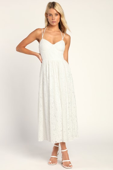 Striving for Elegance White Lace Bustier Midi Dress