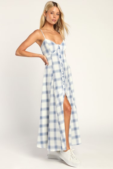Keep on Charming Ivory Blue Plaid Button-Front Midi Dress