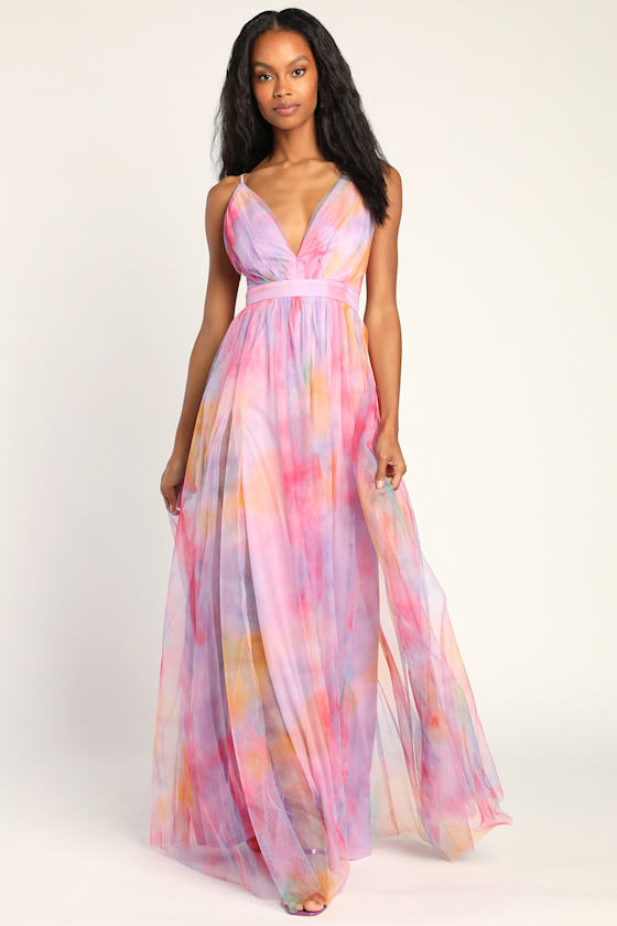 Glam TieDye Gown Lavender TieDye Maxi Slit Leg Maxi Dress Lulus