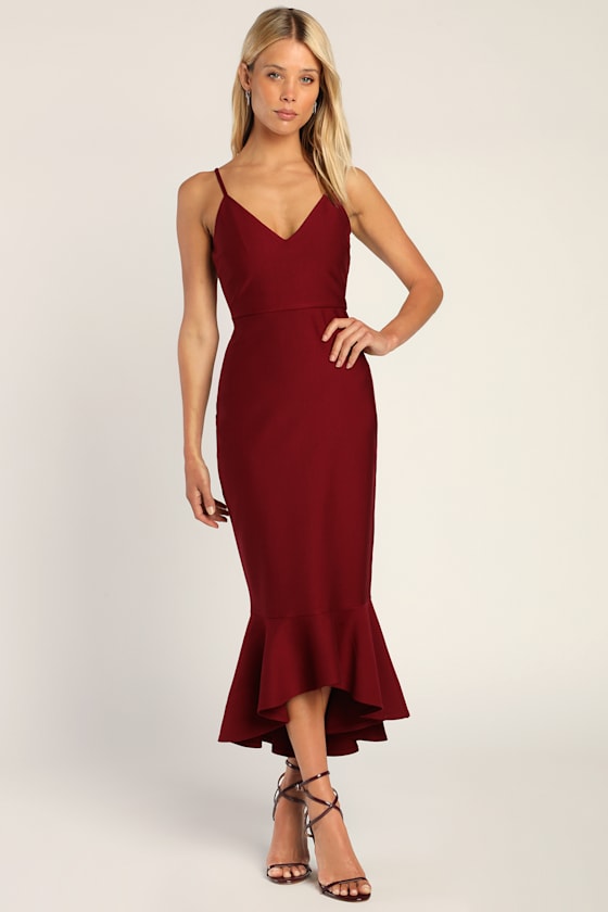 Stun Like Me Wine Red Bodycon Trumpet Hem Midi Dress 1
