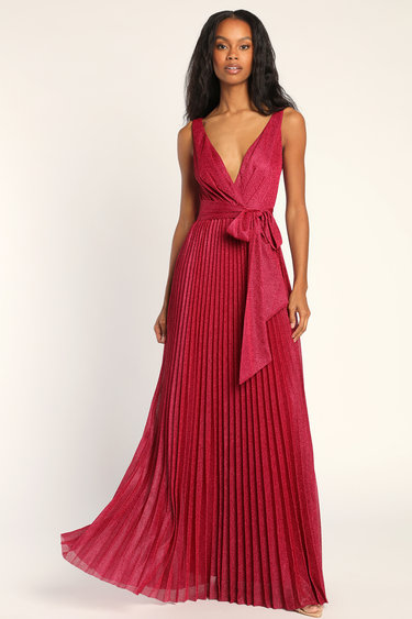 Going for Glitz Magenta Metallic Pleated Maxi Dress