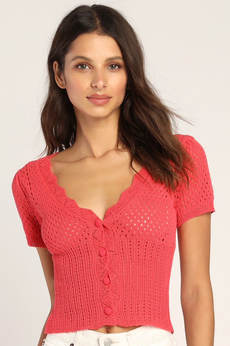 Coral Short Sleeve Cardigan - Short Sleeve Sweater - Puff Sleeves - Lulus