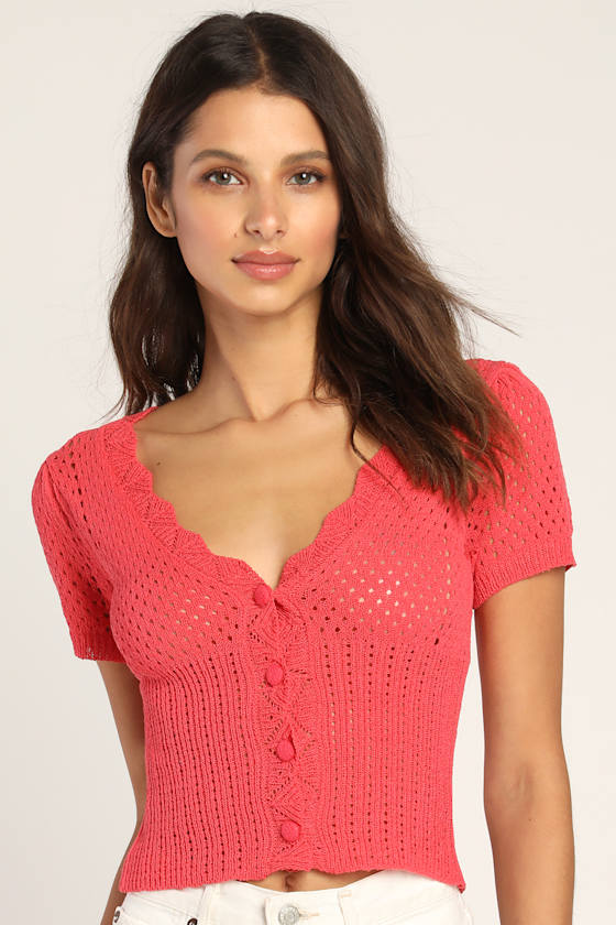 Daily High Point Coral Pink Short Sleeve Pointelle Cardigan 4