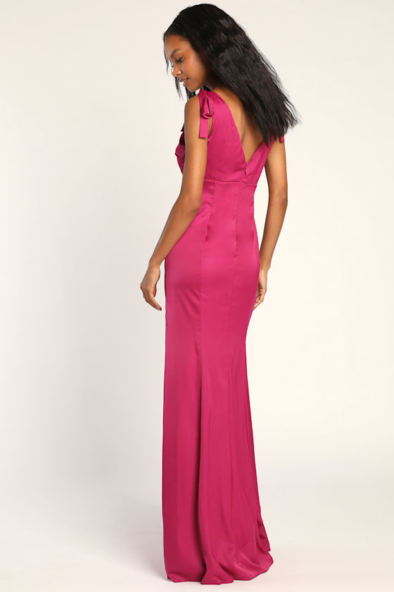 Romantic Timing Magenta Satin Tie-Strap Mermaid Maxi Dress 3